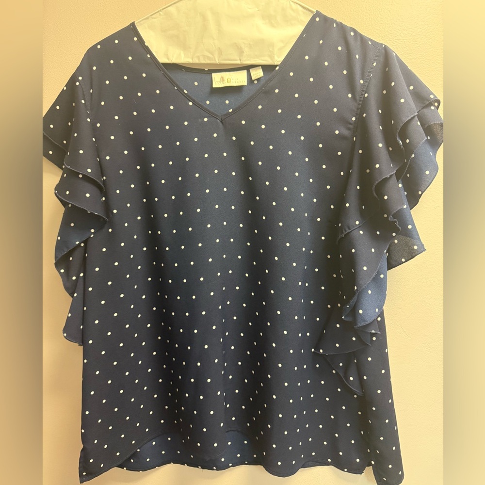 EUC Belle Kim Gravel Navy Blue & White Polka Dot Ruffled Mini Sleeve Blouse XL